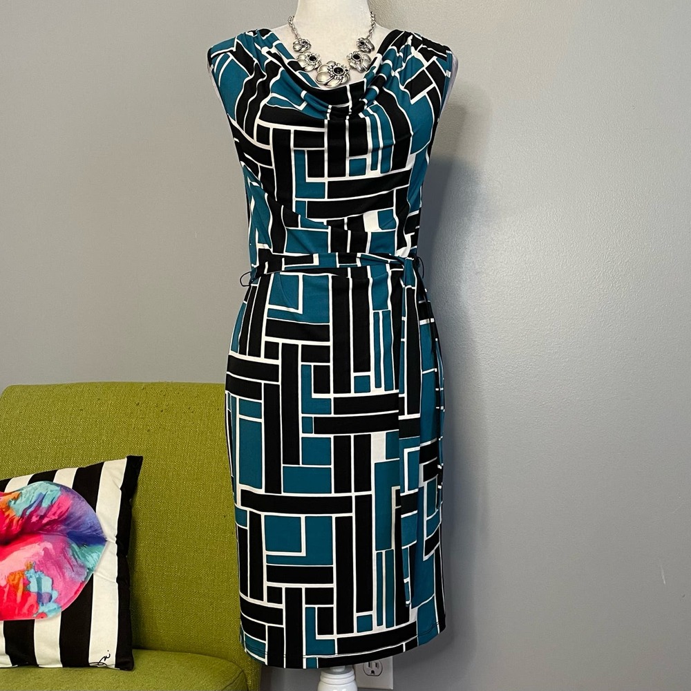 Banana Republic Blue Black Geometric Jersey Cowl Neck Dress NEW XS